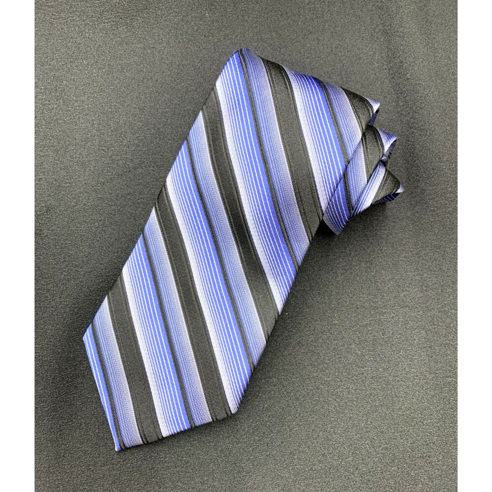Vtg Y2K City of London Silk Neck Tie Monochrome Blue Stripe Textured Regimental